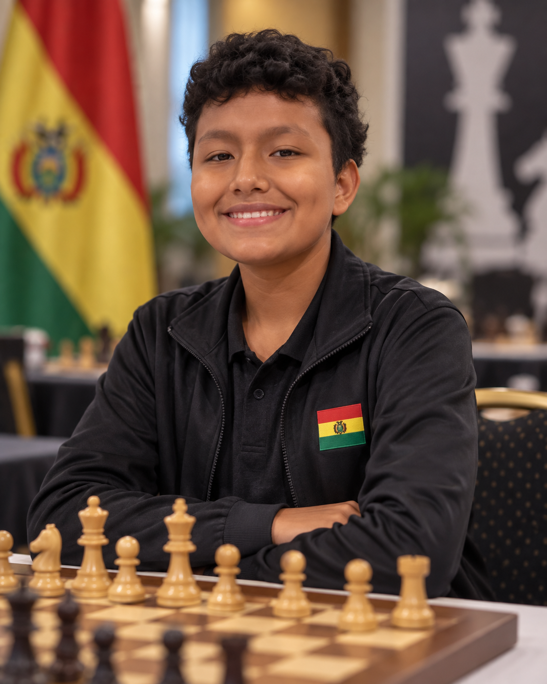 Mateo Salamanca Paraguayo diante de um tabuleiro de xadrez, representando a Bolívia